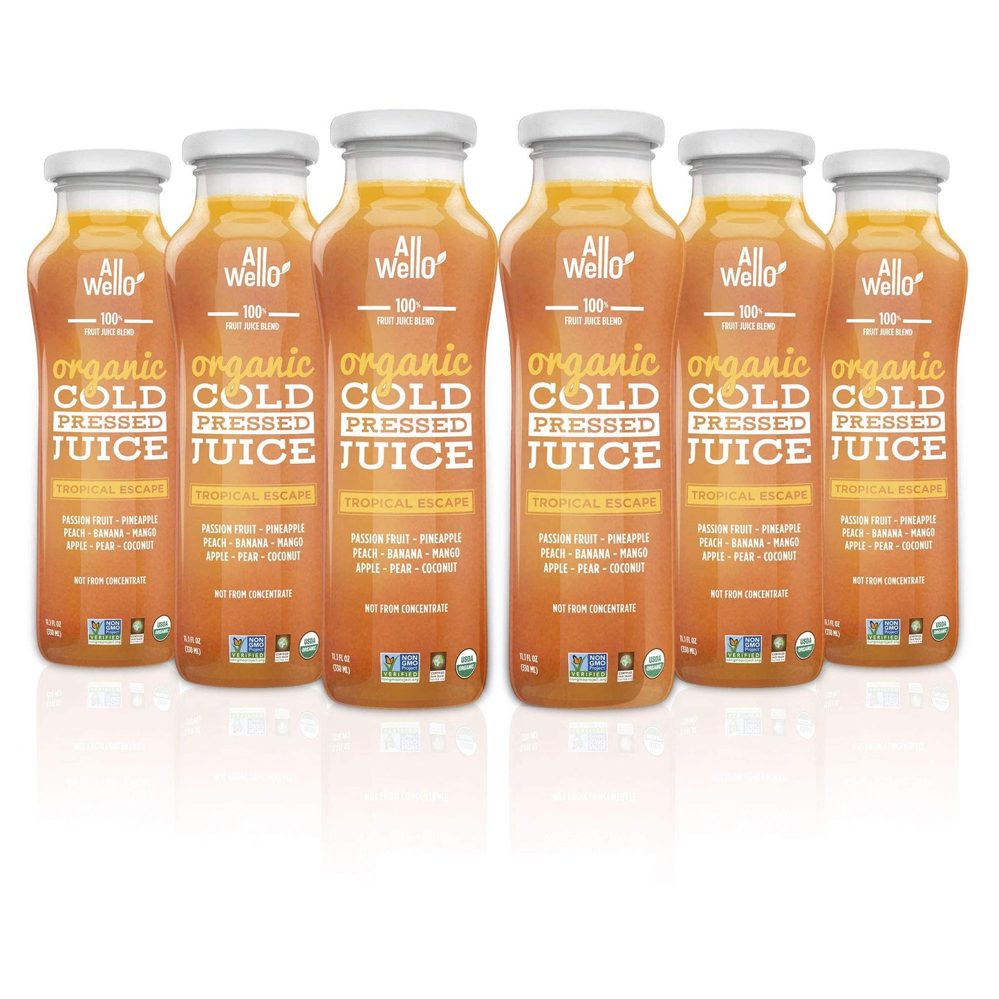 ALLWELLO Organic Cold Pressed Juice Drinks, Tropical Escape, 11.15 Fl Oz, Gluten Free, Non-GMO, 6 Pack