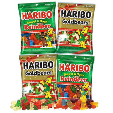 Christmas Haribo Gummy Bears And Sweet And Sour Reindeer, Festive Chewy Fruit Candies, Stocking Stuffer Gifts, 4 Ounces (Pack Of 4)