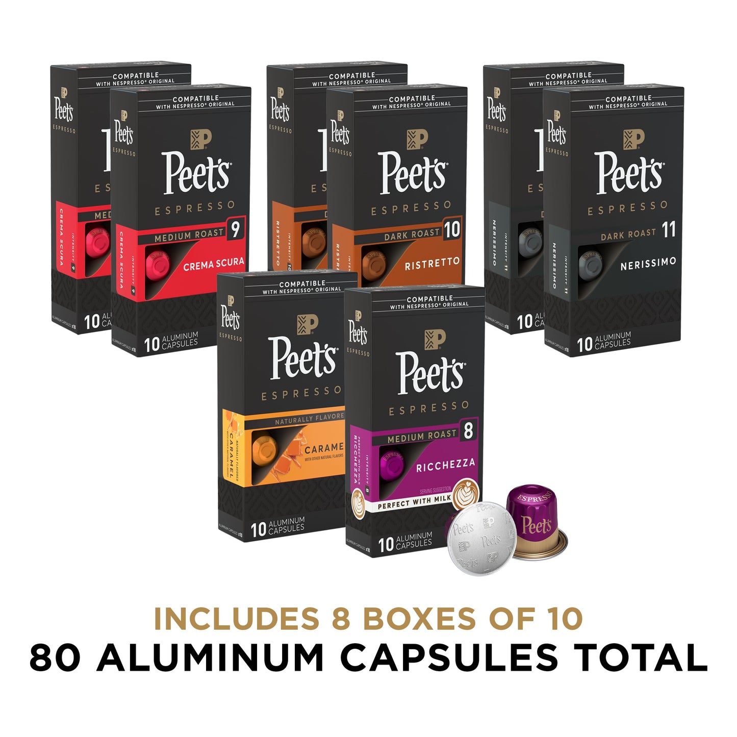 Peets Coffee Dark Roast Espresso compact pieces Variety Pack, Compatible with Nespresso, 80 Count (8 Boxes of 10 compact pieces)
