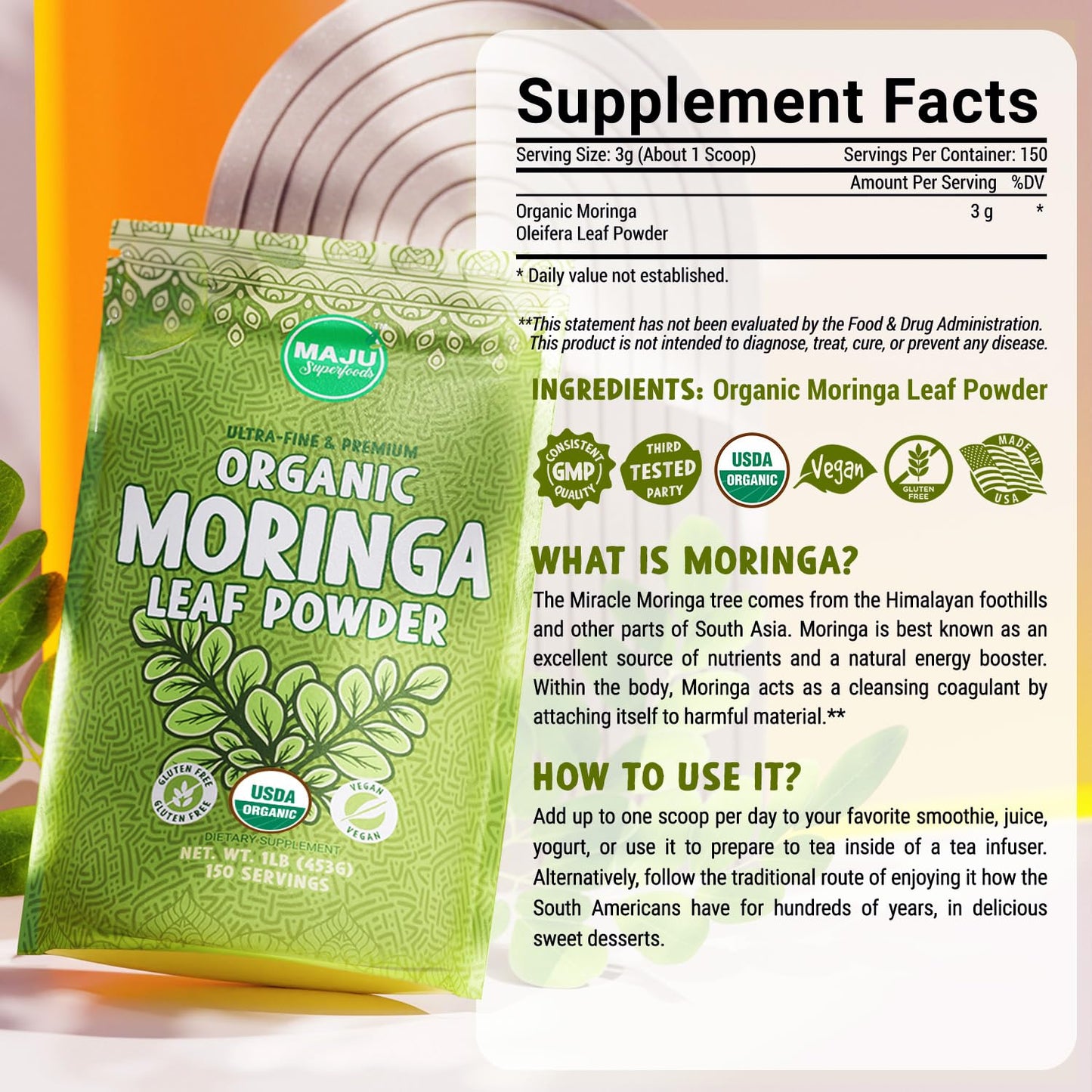 Majus Organic Moringa Powder (1 Pound), Oleifera Leaf, Extra-Fine Quality, Dried Drumstick Tree Leaves, For Tea, Smoothies, Food-Grade