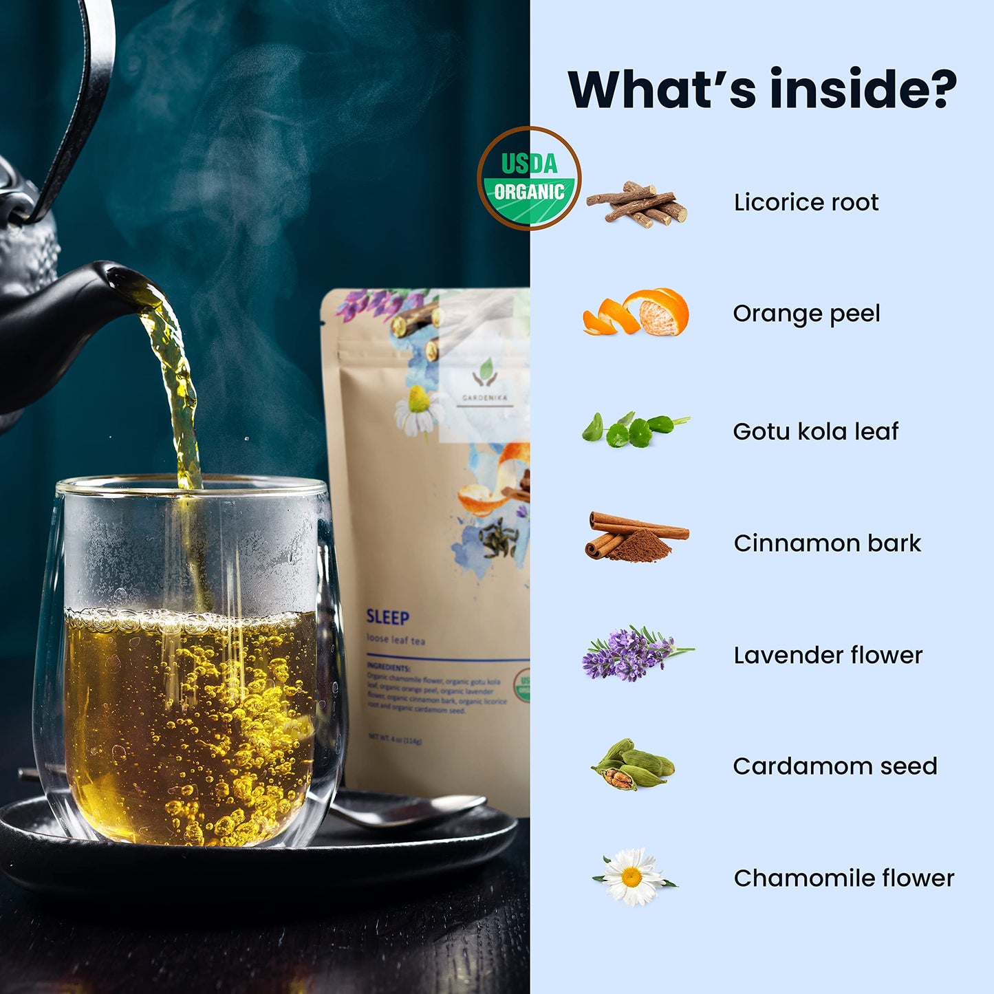 Gardenika Organic Sleep Loose Leaf Tea, Herbal Blend with Chamomile & Lavender, Caffeine Free, 4 oz (1 Pack)