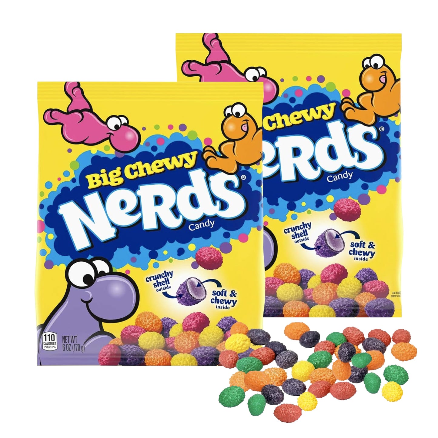 Big Chewy Candy, 6 oz Peg Bag, 2 Pack - Fruity Flavors & Crunchy Shell with Soft Chewy Center - Includes Orange, Lemon, Strawber