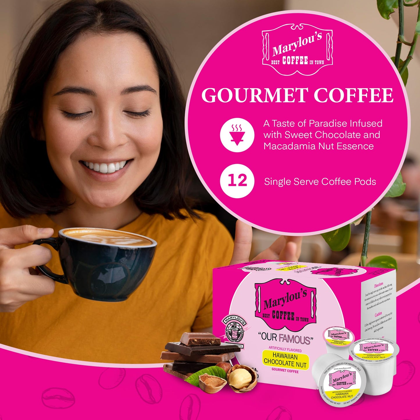 Marylous Hawaiian Chocolate Nut Flavored Gourmet Coffee – Single Serve Coffee Pods, Compatible With Keurig Malt-Inspired – 12 Pods