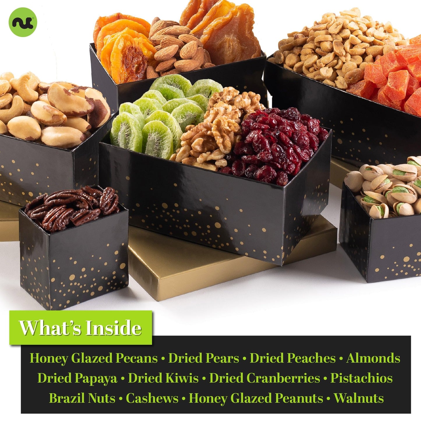 Nut Cravings Gourmet Collection - Thinking Of You, Nuts & Dried Fruits Tower Gift Basket, With Ty Ribbon + Greeting Card (12 Ass