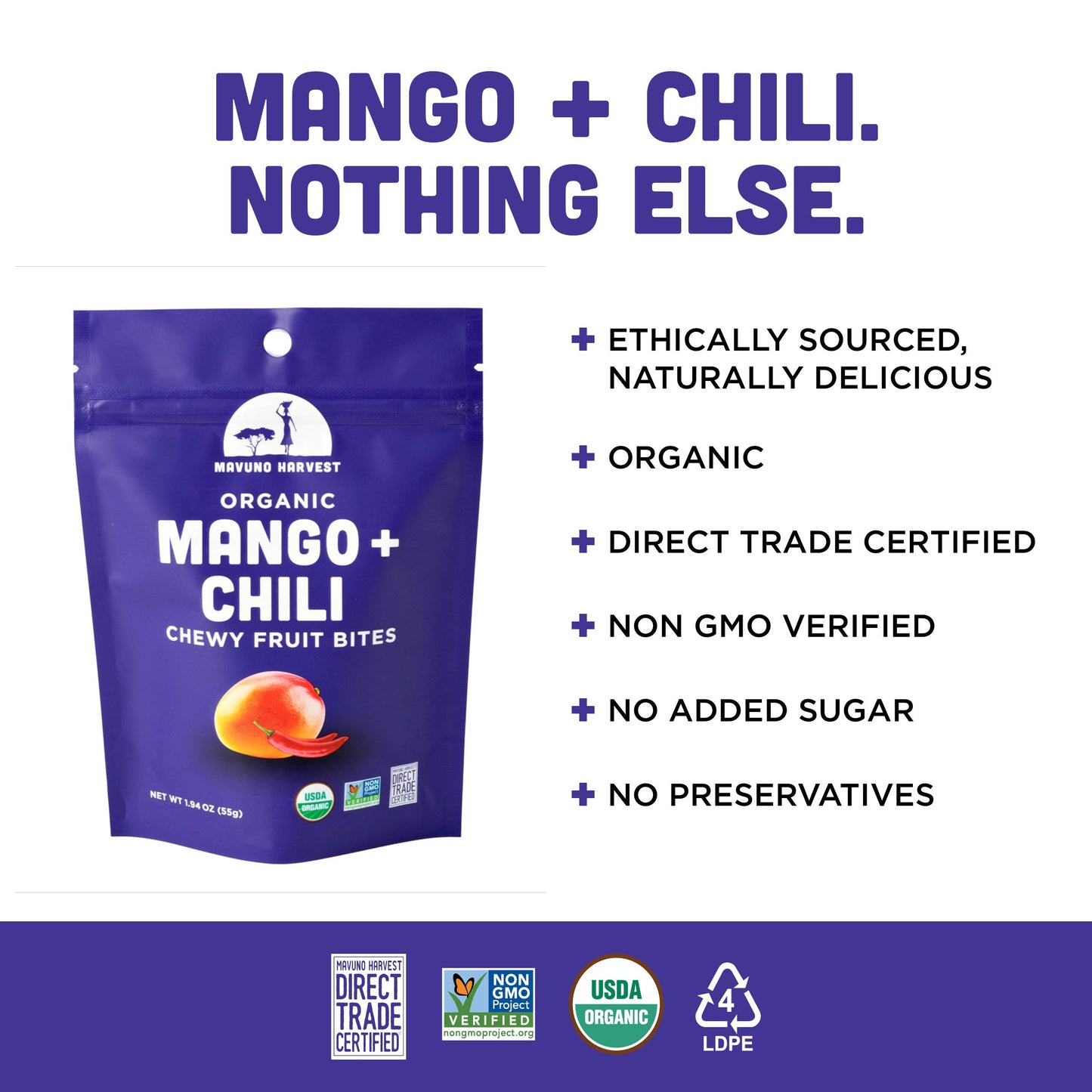 Mavuno Harvest Organic Fruit Snacks - Chewy Fruit Bites - Mango & Chili - 1.94 oz (Pack of 3) - Non-GMO, No Preservatives
