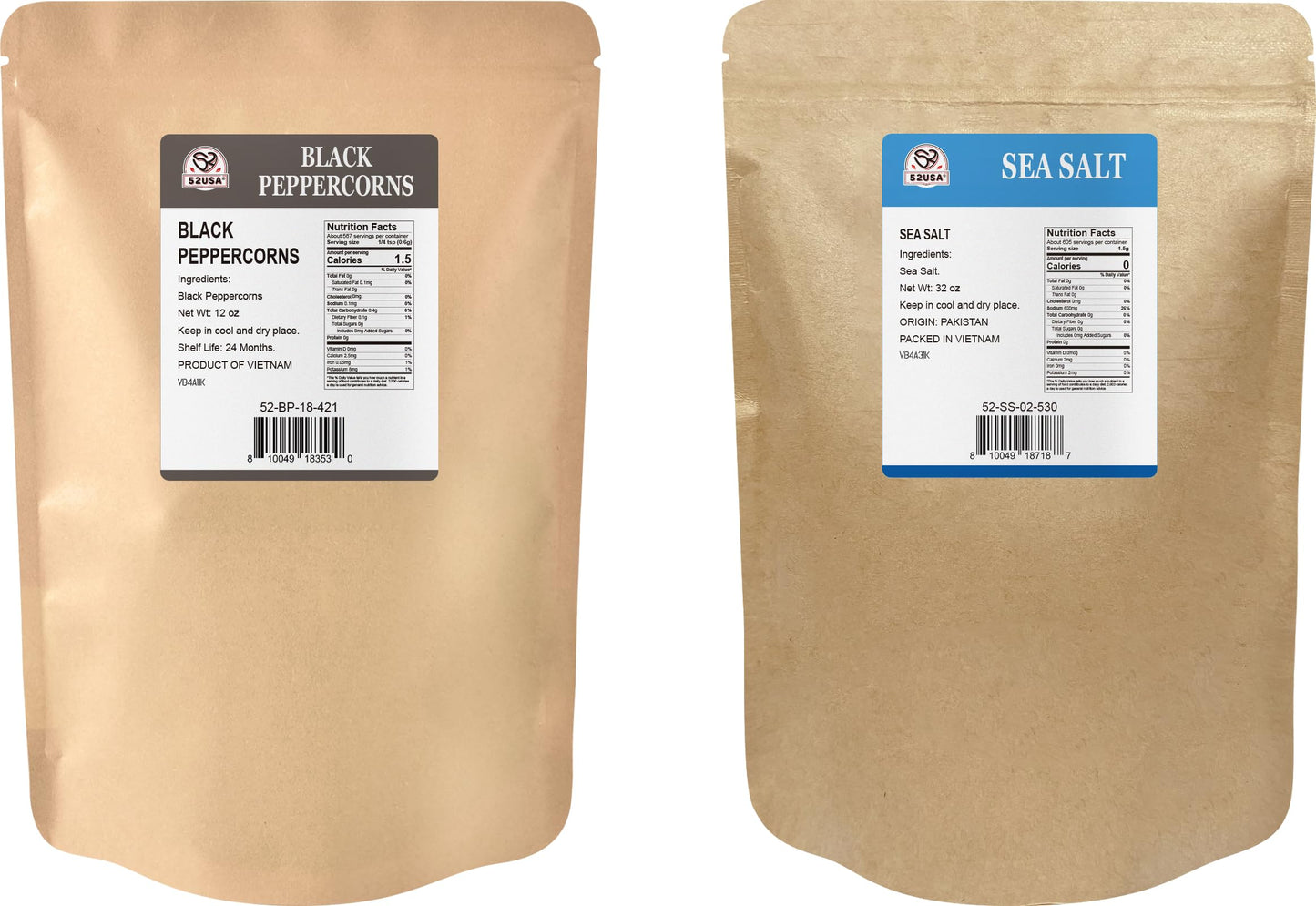 52USA Black Peppercorns 12 oz and Coarse Sea Salt 2 lbs, Salt and Pepper for Grinder Refill, Whole Peppercorns