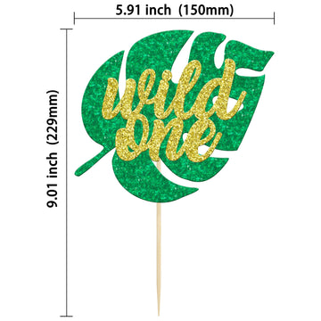 Gyufise 1Pc Glitter Wild One Cake Topper Jungle Safari Monstera Leaf One Cake Decoration For Kids First Birthday Baby Shower Par
