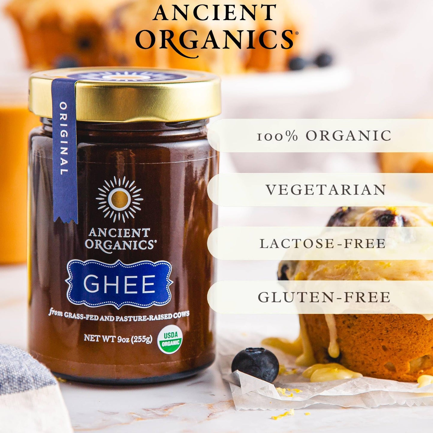 Ancient Organics Ghee - Organic Grass Fed Clarified Butter, Gluten Free, Lactose Reduced, 9 Oz