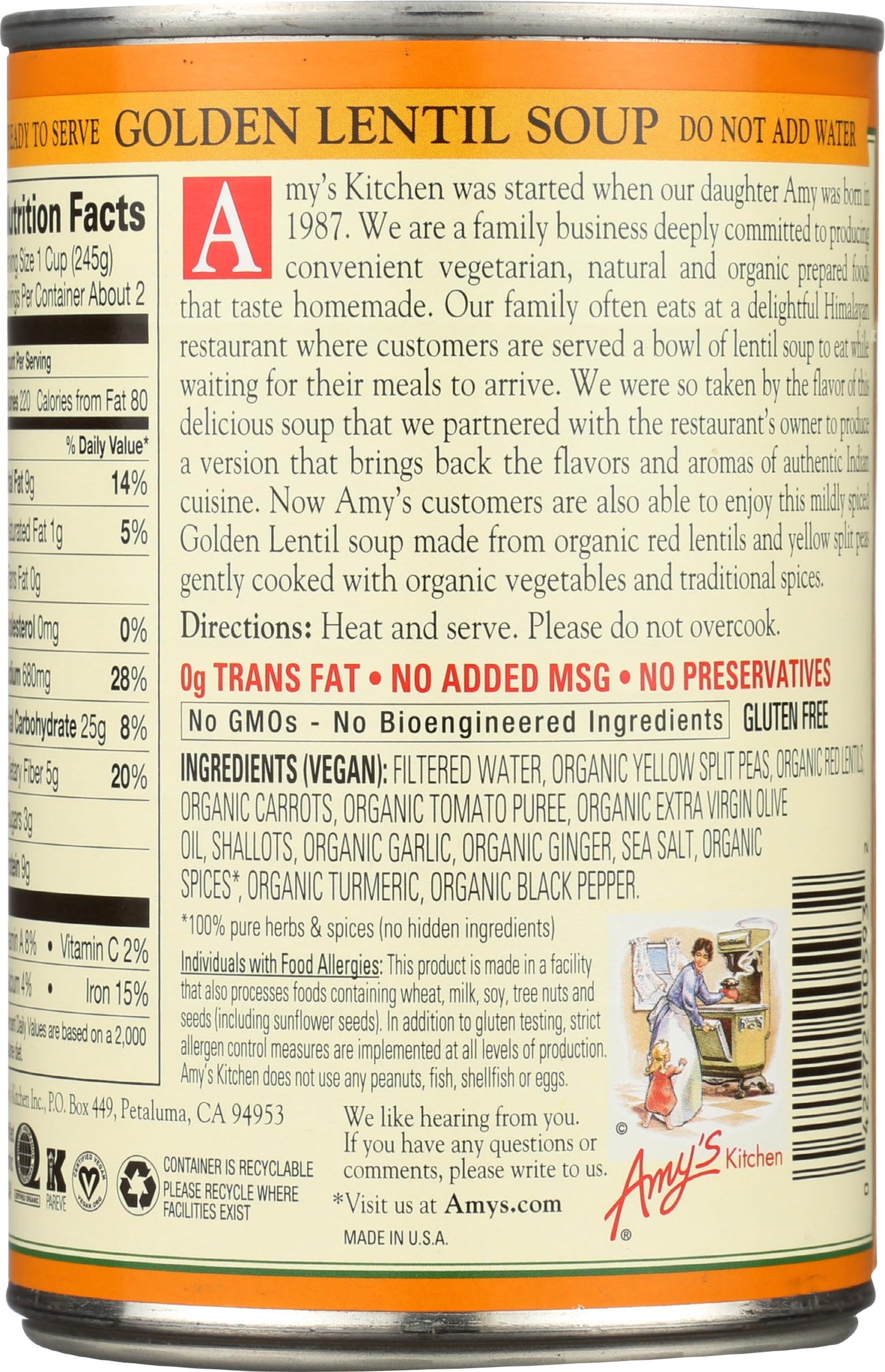 Amy'S Soups, Organic Indian Golden Lentil Soup, 14.4 Ounce