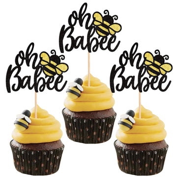 24 PCS Oh Babee Cupcake Toppers Glitter Sweet Bumble Bee Oh Baby Cupcake Picks for Bee Theme Baby Shower Kids Birthday Party Cak