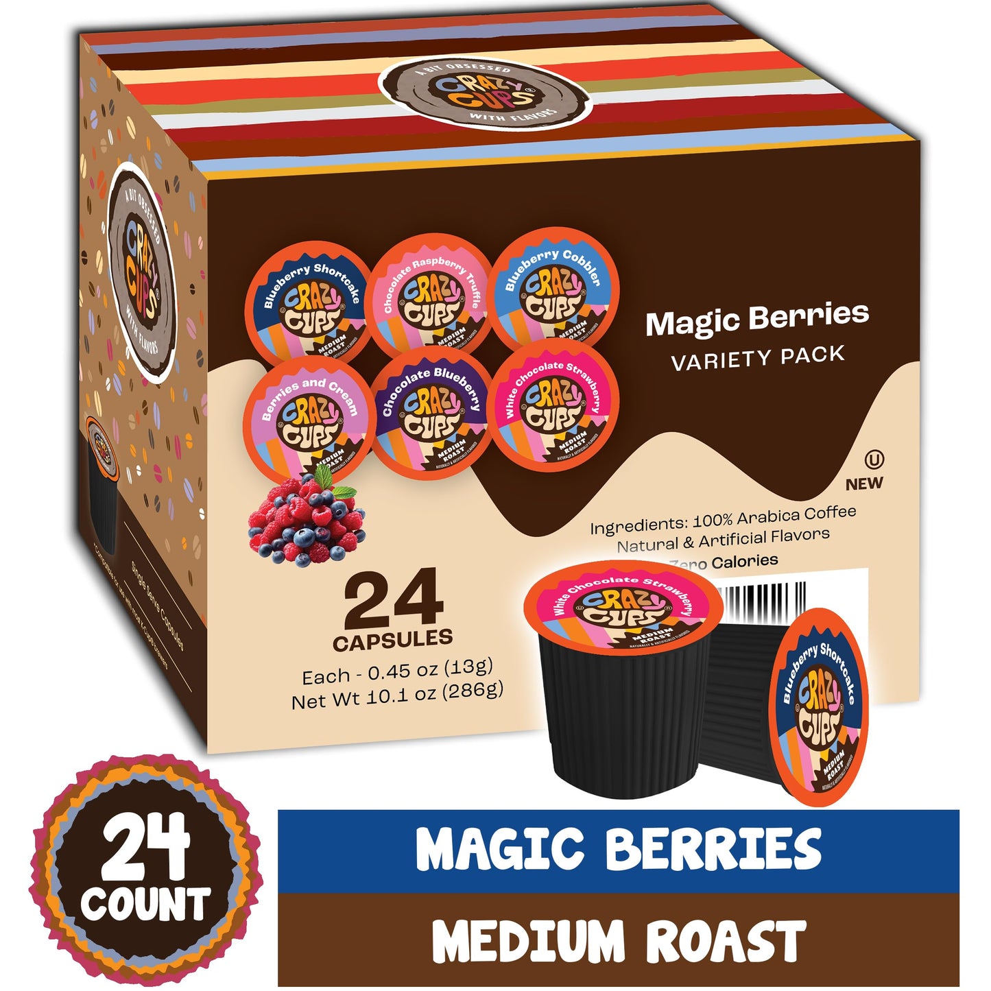 Crazy Cups Blueberry Coffee Pods Variety Pack  Magic Berries Flavored Coffee  Single Serve Recyclable Pods Compatible With Keurig K Cup malt-inspired  24 Count