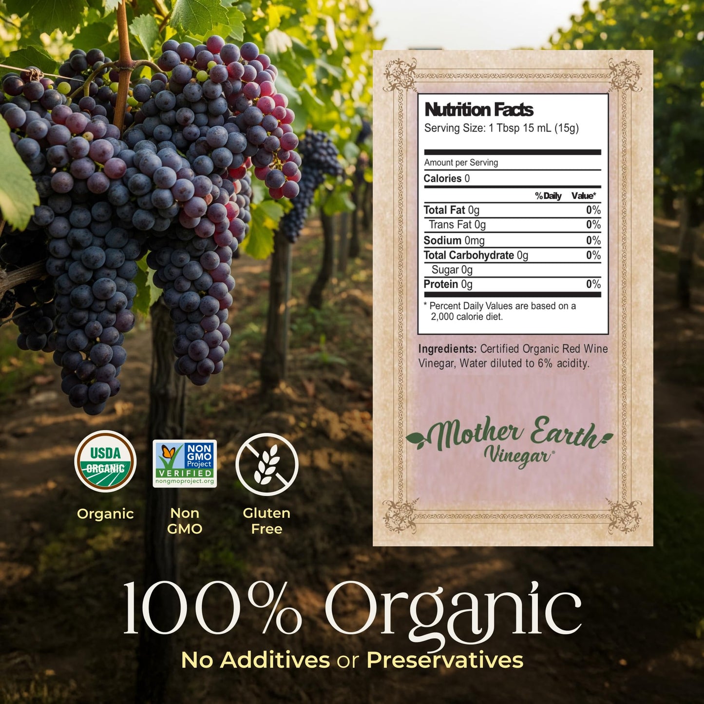 Mother Earth Vinegar Organic Red Wine Vinegar, Unfiltered & Unpasteurized, 16 Fl Oz Glass Bottle