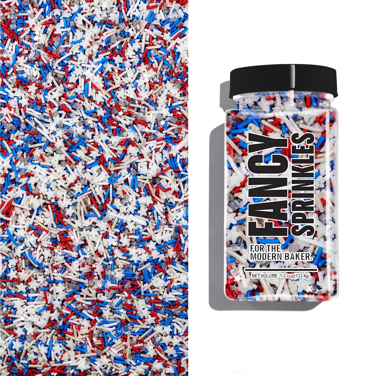 Fancy Sprinkles Superheroes, Assemble! Crunchy Jimmies, Sugar Nuggets, Mini Edible Glitter Stars, And Hexagons In Metallic Silve