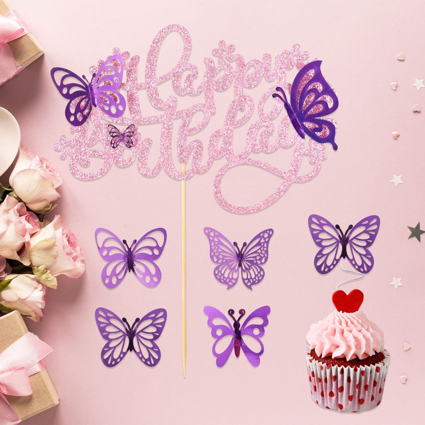 Ephlyn 25Pcs Butterfly Happy Birthday Cake Topper Purple 3D Cupcake Toppers Decorations For Girls Women'S Party Pink