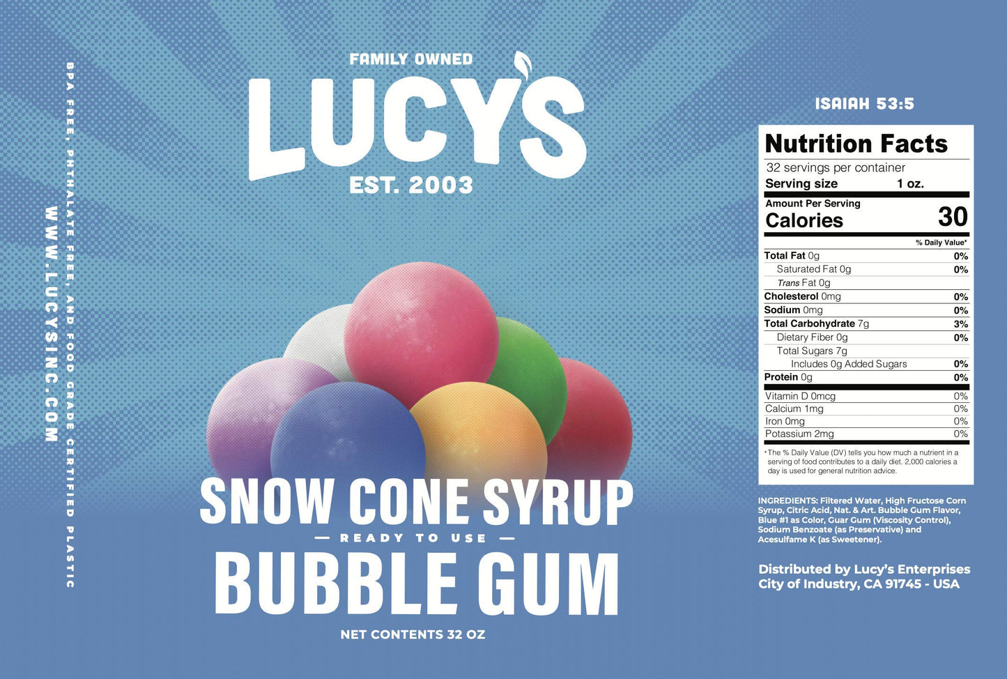 Lucys Shaved Ice Snow Cone Syrup - Bubble Gum - 32 oz Bottle - Pack of 1