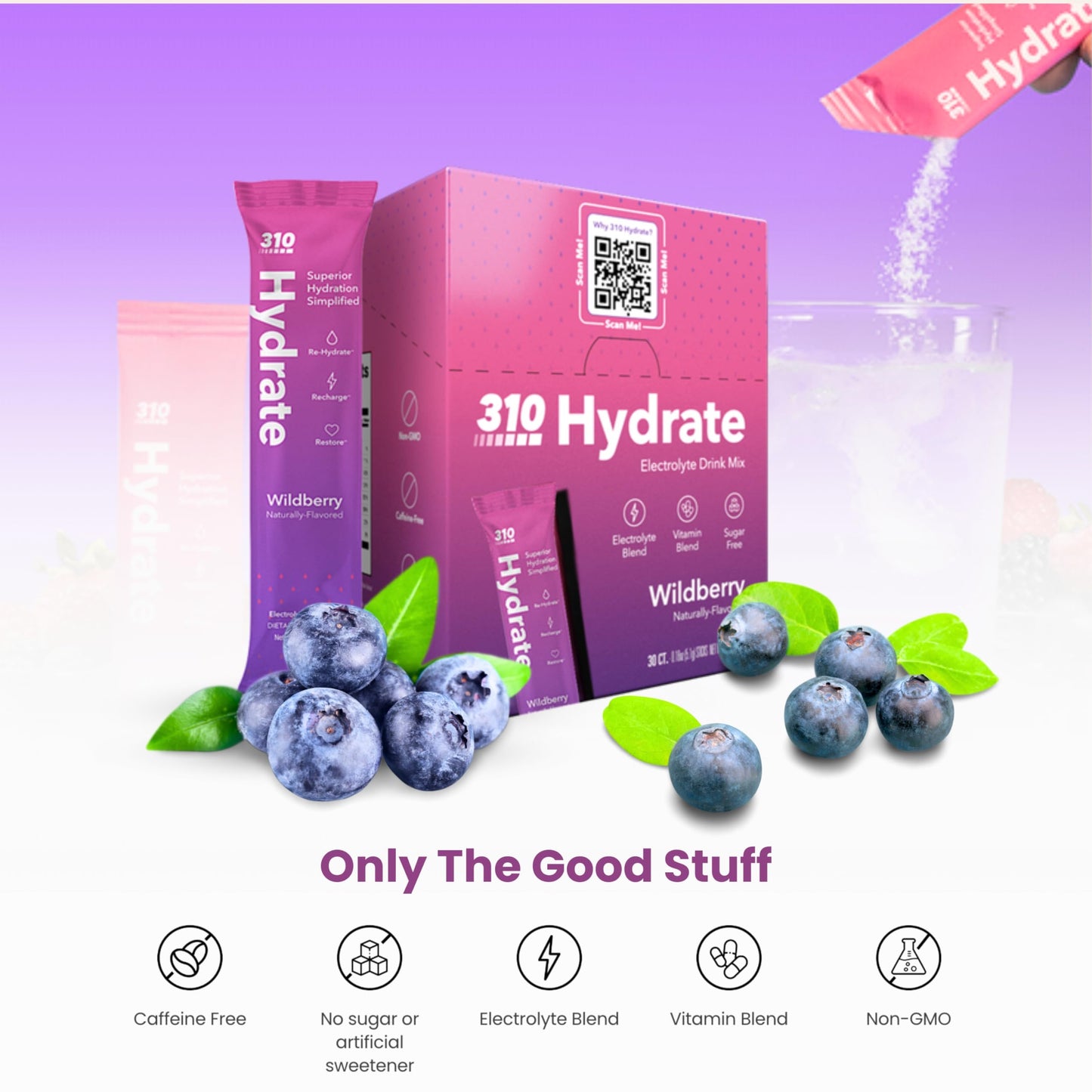 310 Hydrate Wildberry Electrolytes Powder Packets - No Sugar Hydration Packets With Key Vitamins & Minerals - Keto Friendly - Ta