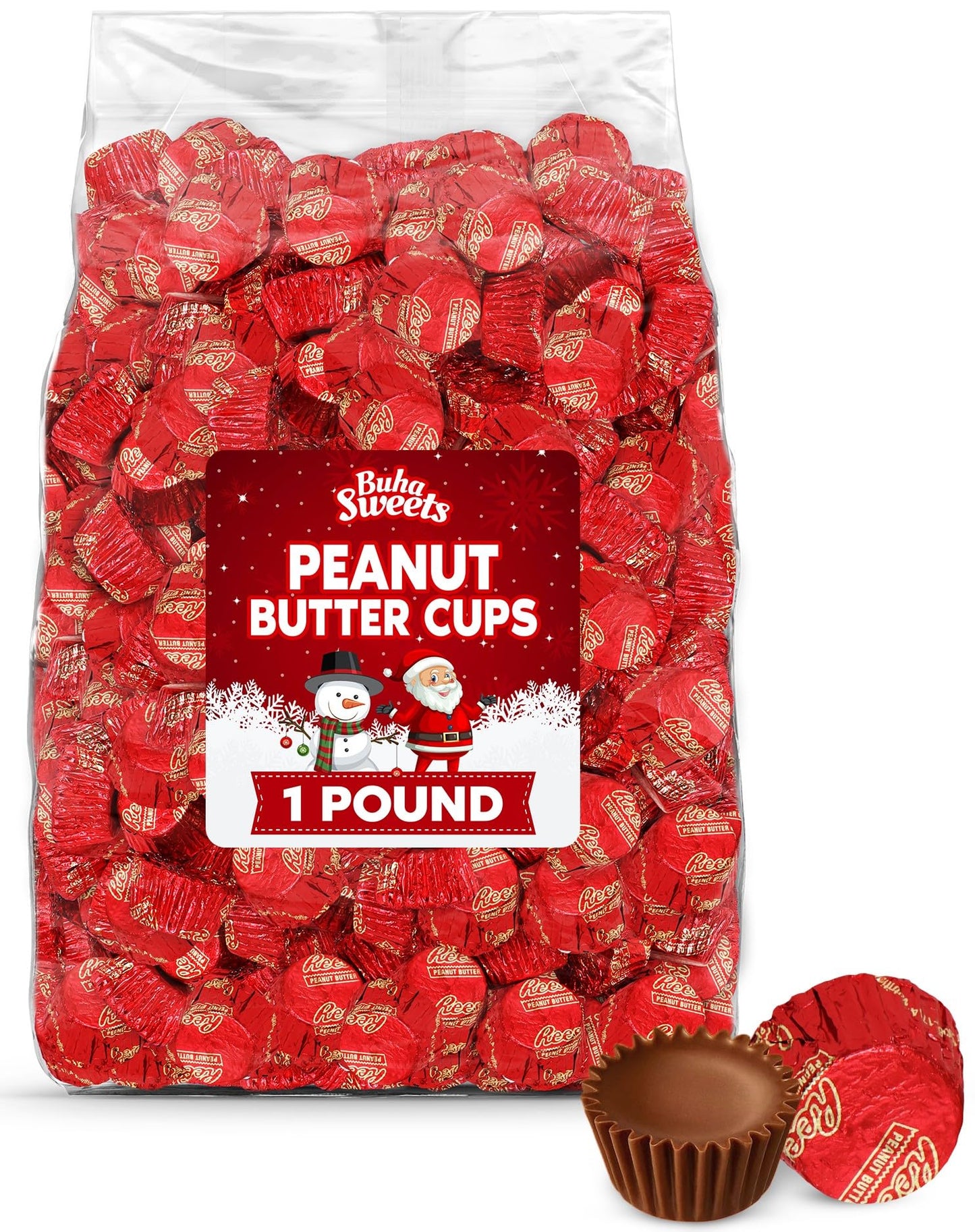 Bulk Milk Chocolate Peanut Butter Cups Miniatures 1 Pound - Individually Wrapped Chocolate Candy In Red Foil For Parties, Gift Bags, And Candy Buffets - Approx 55 Pieces