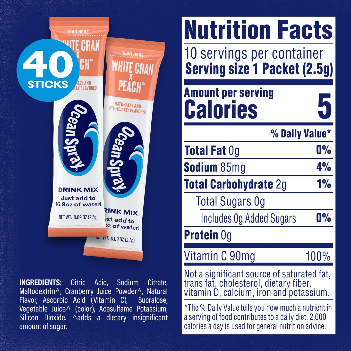 Ocean Spray White Cran-Peach Zero Sugar Powder Drink Mix Packets With Real Cranberry Juice Powder, 100% Vitamin C, No Synthetic