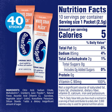 Ocean Spray White Cran-Peach Zero Sugar Powder Drink Mix Packets With Real Cranberry Juice Powder, 100% Vitamin C, No Synthetic