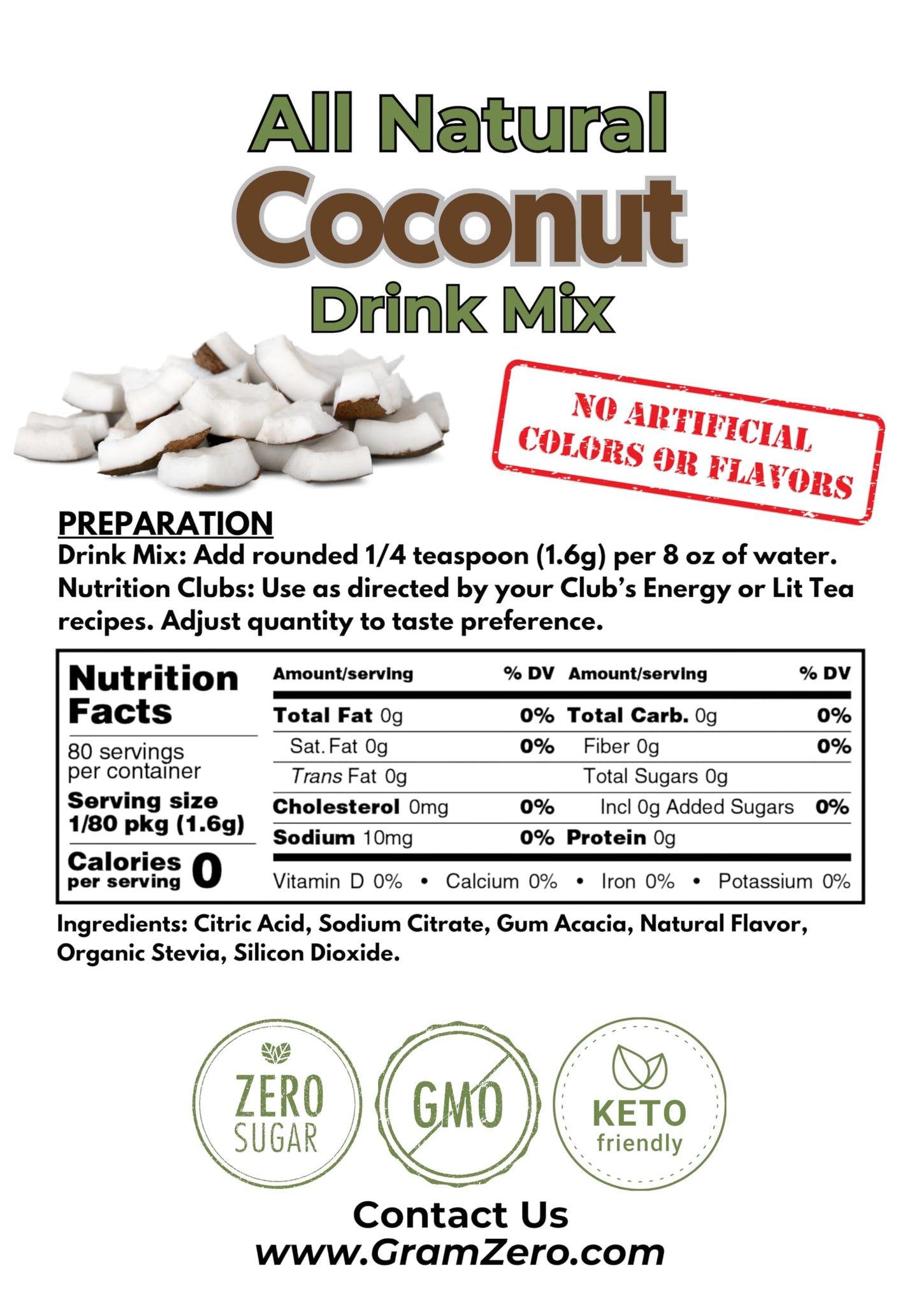 Gramzero All Natural Coconut Zero Calorie Sugar Free Drink Mix, Great For Nutrition Club Loaded Tea, Stevia Sweetened