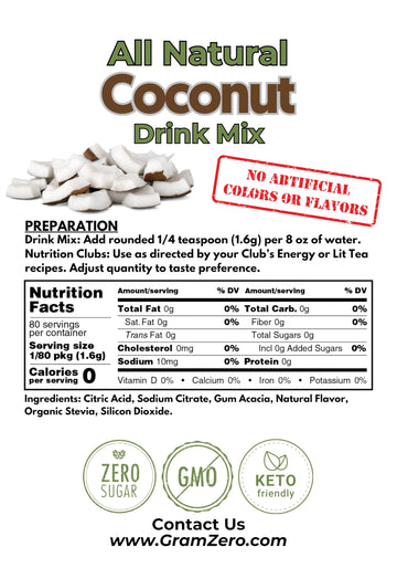 Gramzero All Natural Coconut Zero Calorie Sugar Free Drink Mix, Great For Nutrition Club Loaded Tea, Stevia Sweetened