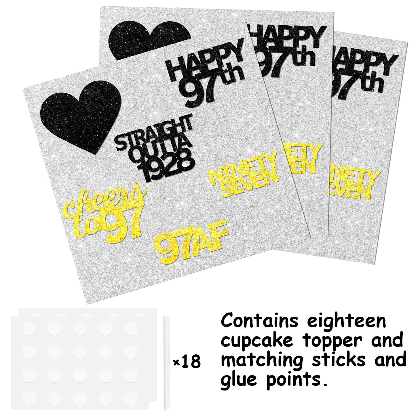 18Pcs Black Gold Glitter Dessert Cupcake Pick For Straight Outta 1928 Cheer To 97 Years Old Theme Decor Supplies Happy 97Th Birt