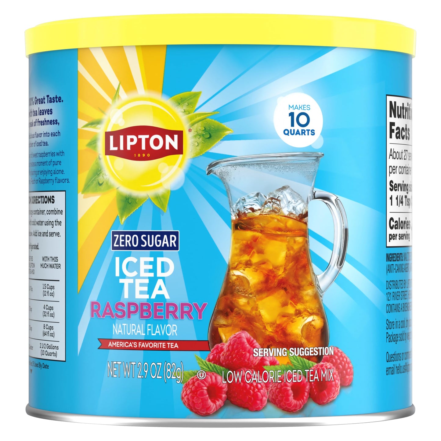 Lipton Diet Raspberry Iced Tea Mix  Sugar-Free  Makes 10 Quarts - Pack Of 2 (2.9 Oz Each) - Total 20 Quarts