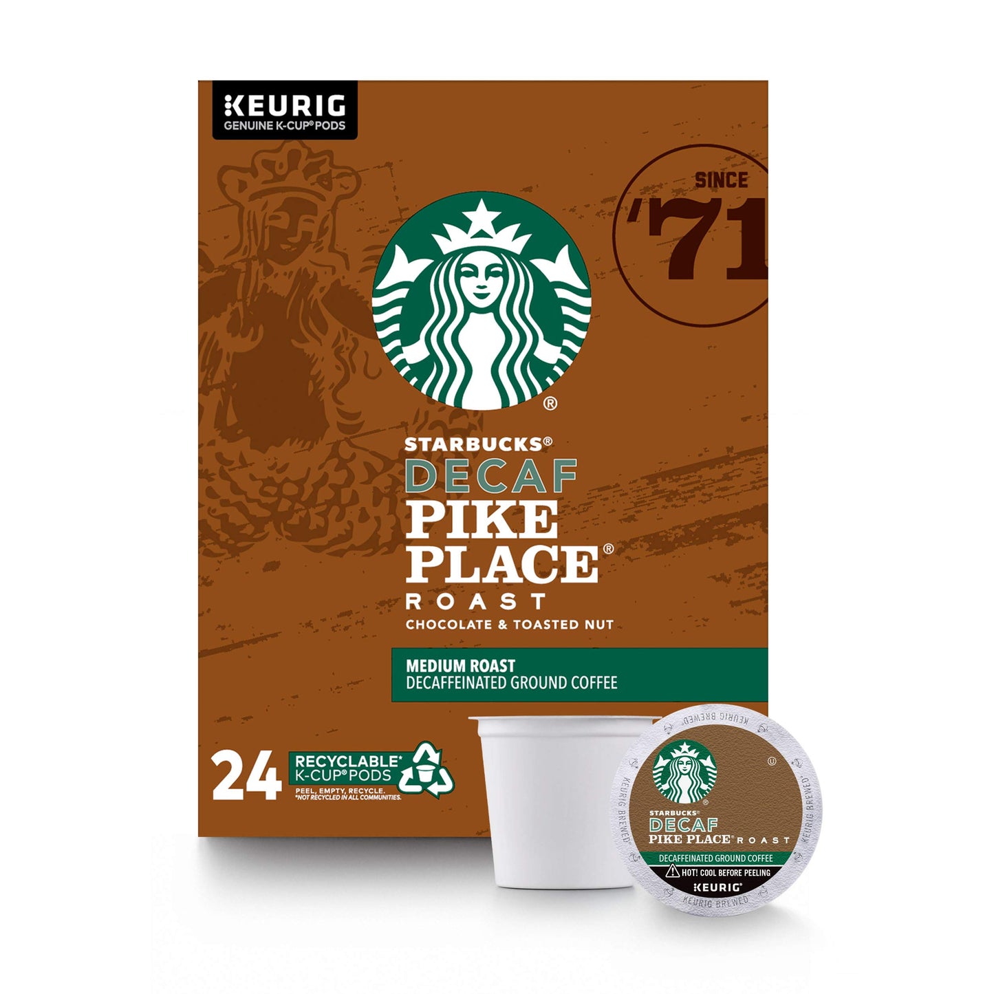 Starbucks Decaf K-Cup Coffee Pods, Pike Place Roast, 24 Count, Compatible with Keurig Brewers