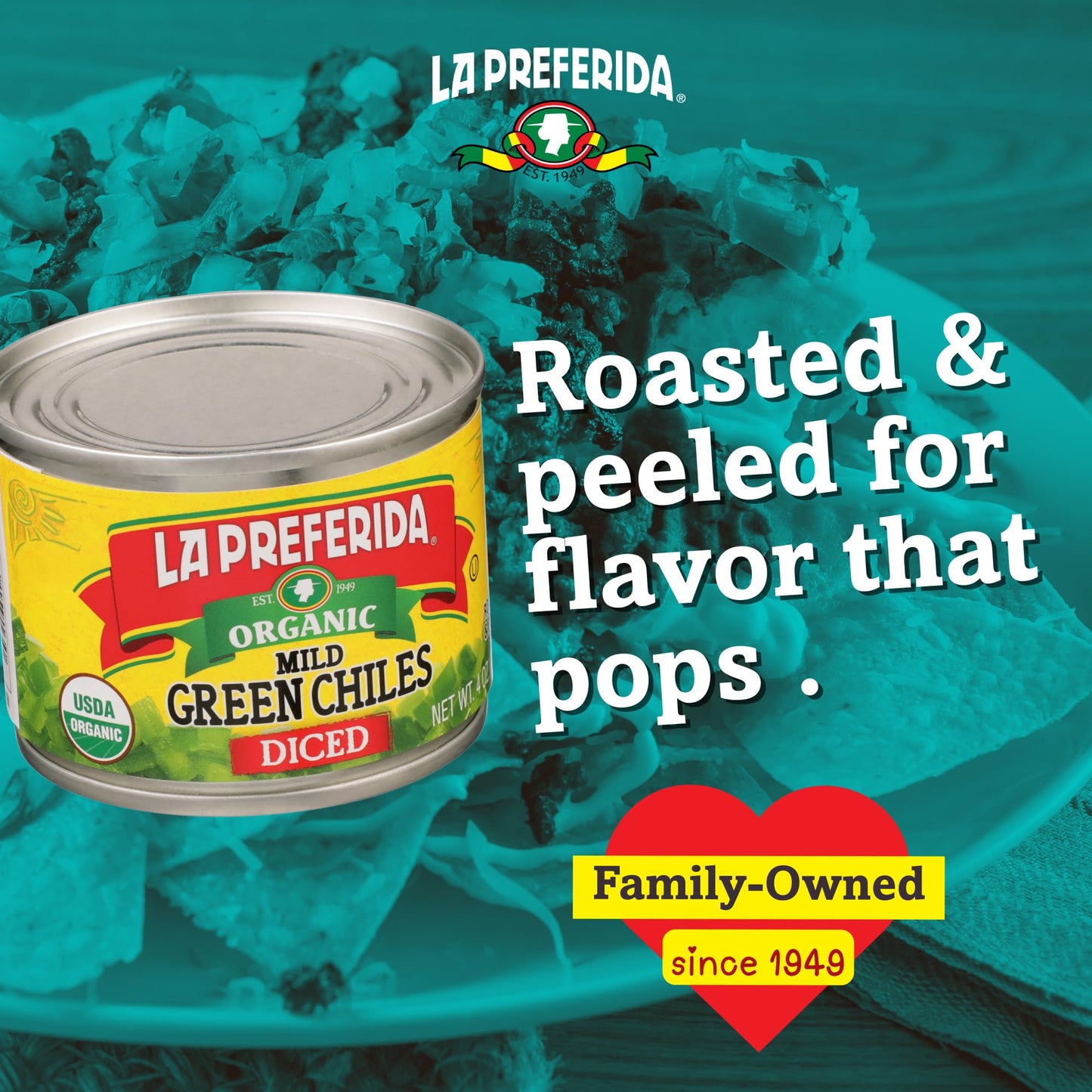La Preferida Organic Diced Green Chile Peppers Fire-Roasted & Peeled Perfect for Tacos, Casseroles & Nachos, 4oz. (Pack of 6)
