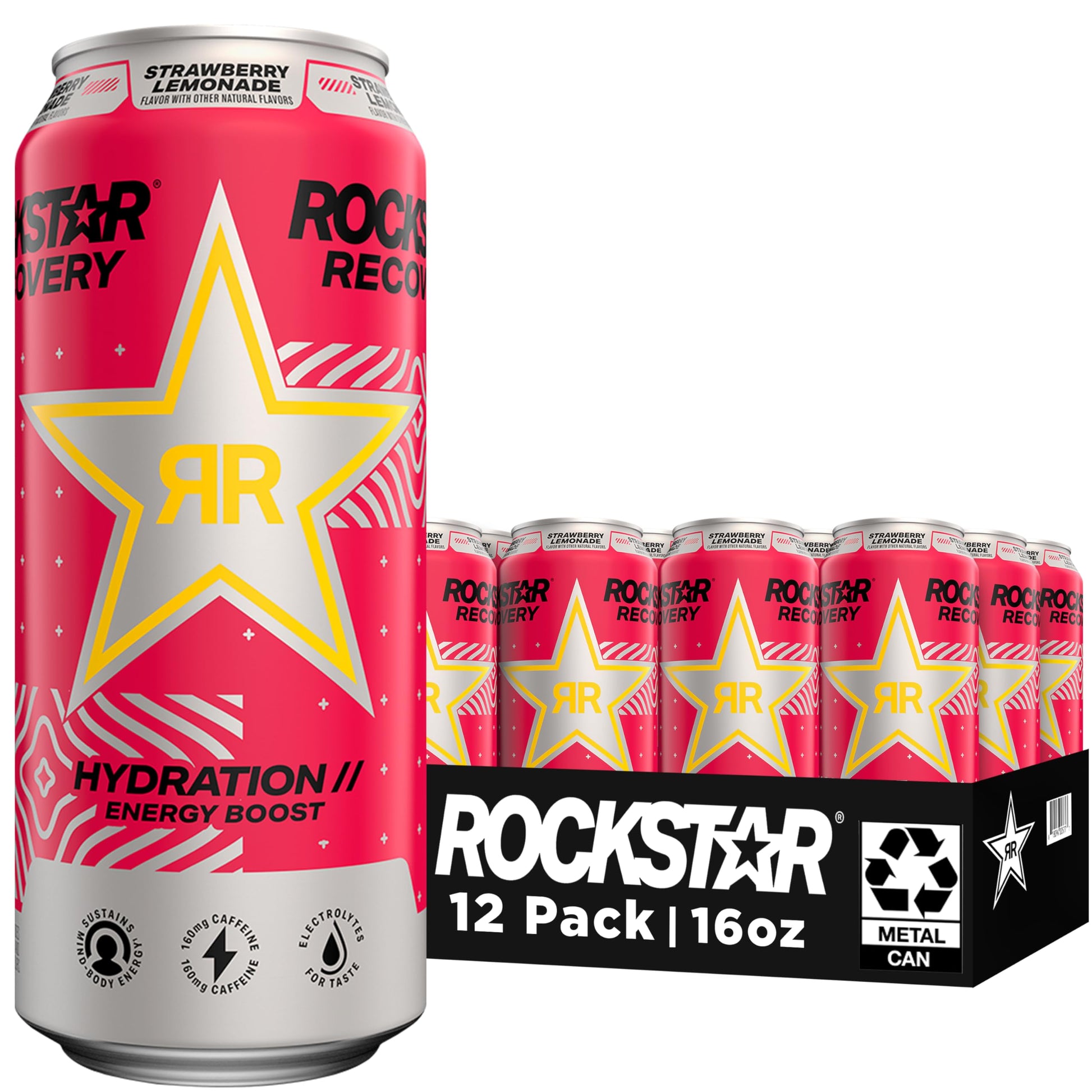 Rockstar Energy Drink, Recovery Strawberry Lemonade, 16oz, 12 Pack