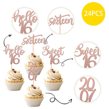24Pcs Happy 16Th Birthday Cupcake Toppers Glitter Sweet 16 Twenty One Years Old Cupcake Picks Since 2007 Hello 16 Cake Decoratio