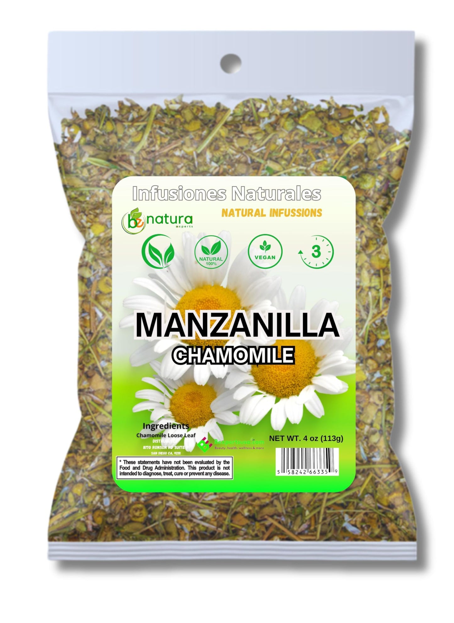 Manzanilla TE (Chamomile Flowers) 4 oz. 113g Tea Loose Leaf  Herb  Vegan  100% Natural+ Tea Strainer Stainless  Infuser Tea Ball for Loose Leaf