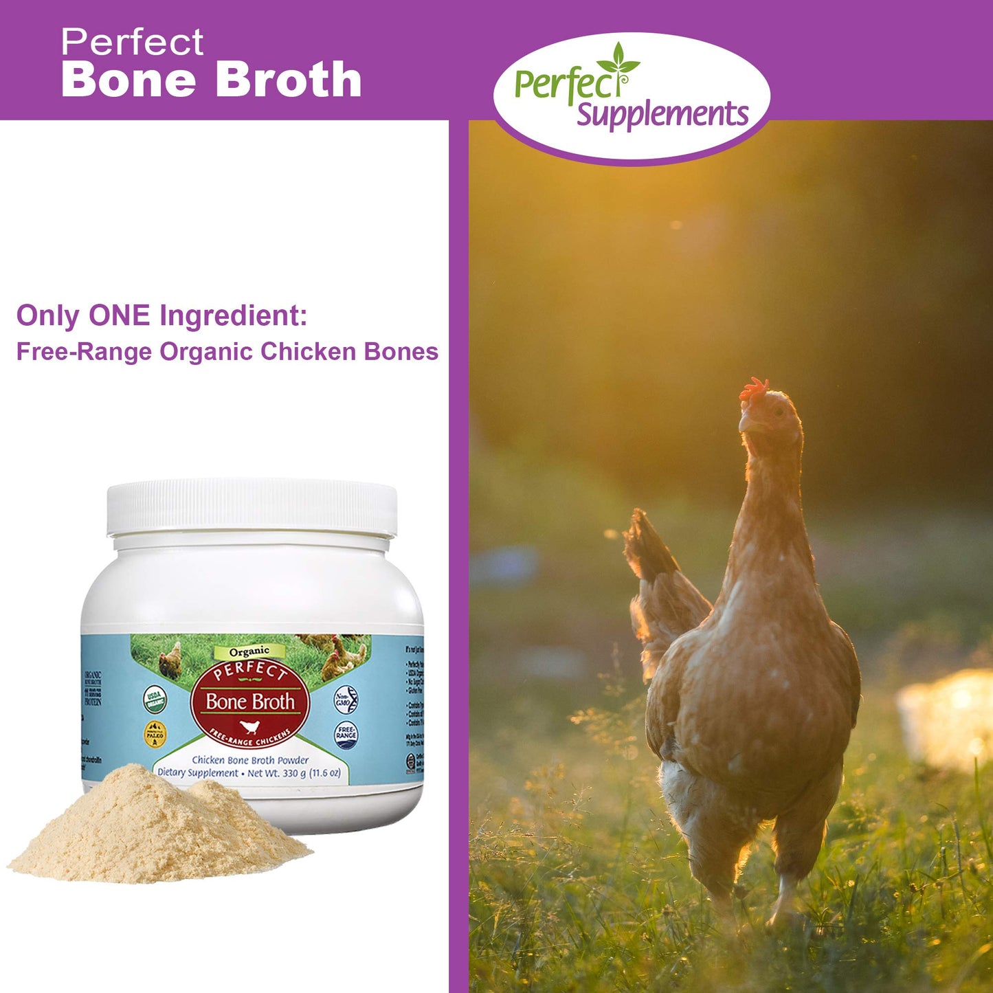 Perfect Organic Chicken Bone Broth Powder | Free Range Low Sodium Chicken Broth | Paleo & Keto Bone Broth Powder (330g) 30 Servi