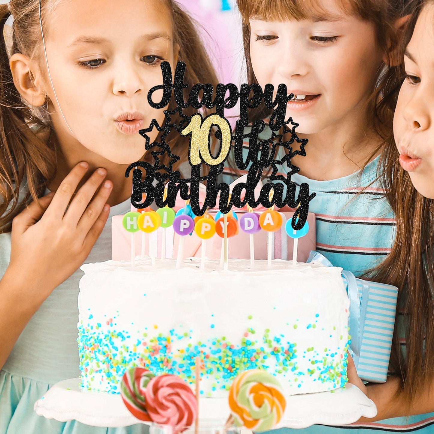 Gyufise Happy 10Th Birthday Cake Topper, 1Pc Black Gold Glitter Cheers To 10 Years, Premium Material, Food-Grade, For Birthday A