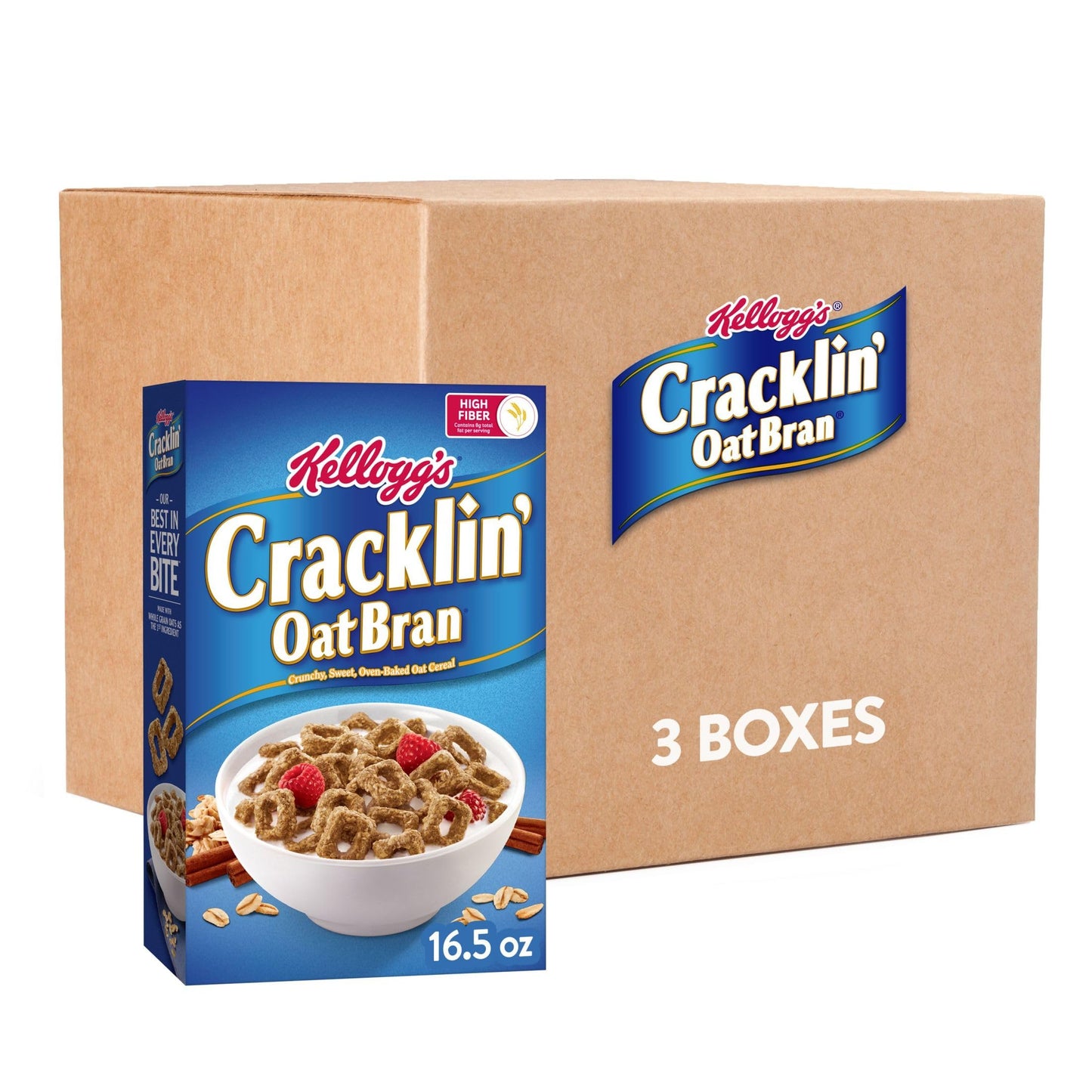 Kellogg s Cracklin  Oat Bran Breakfast Cereal, Fiber Cereal, Family Cereal, Original (3 Boxes)