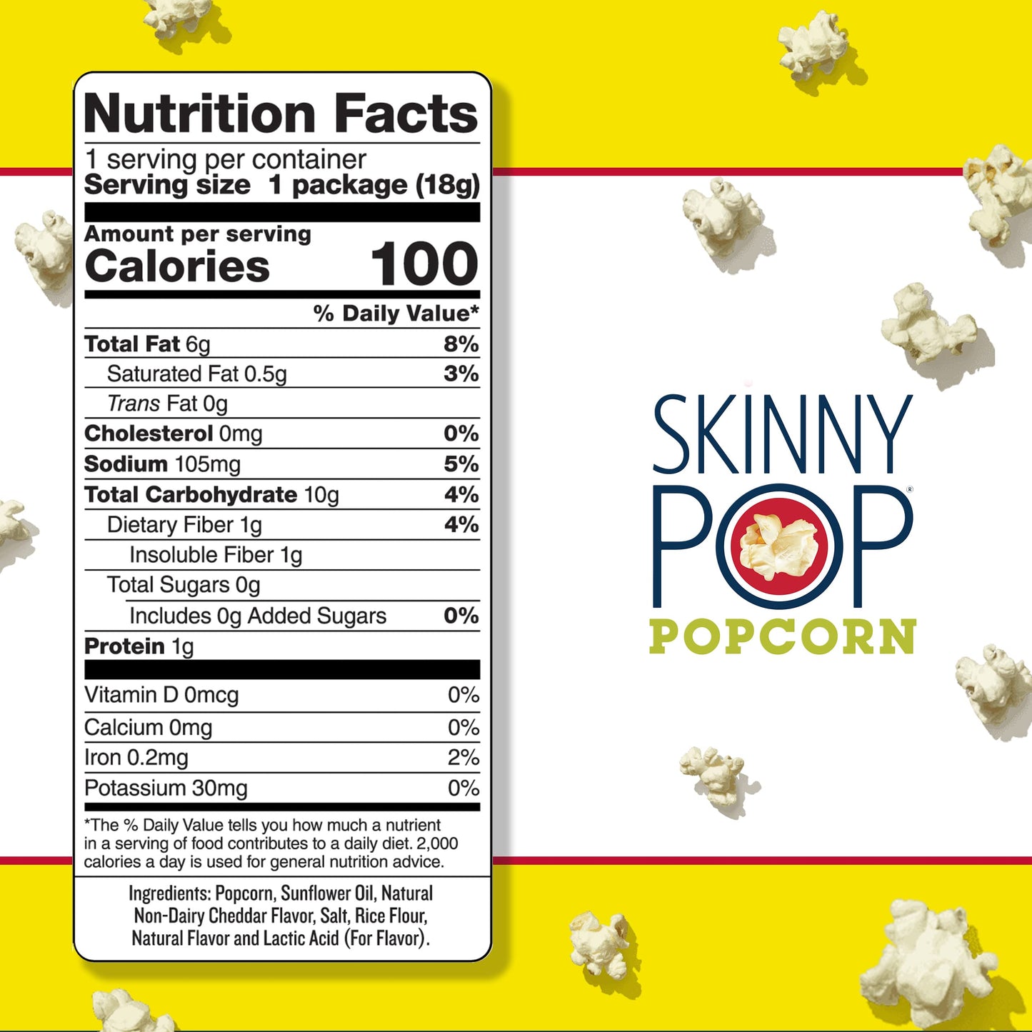 Skinnypop Popcorn, Gluten Free, Non-Gmo, Healthy Snacks, Skinny Pop Dairy Free White Cheddar Popcorn Snack Packs, 065 Oz Individ