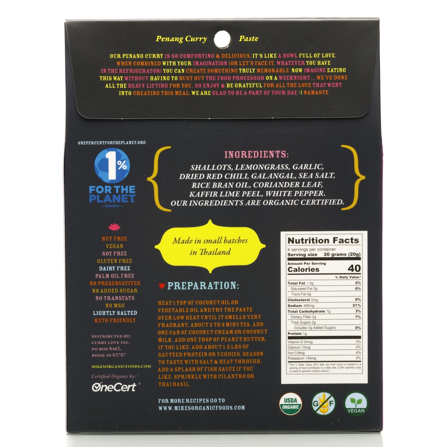 Penang Curry Paste ORGANIC. VEGAN. DAIRY FREE. SUGAR FREE. KETO FRIENDLY. MADE IN THAILAND. | case of 6 x 2.8 oz pouches
