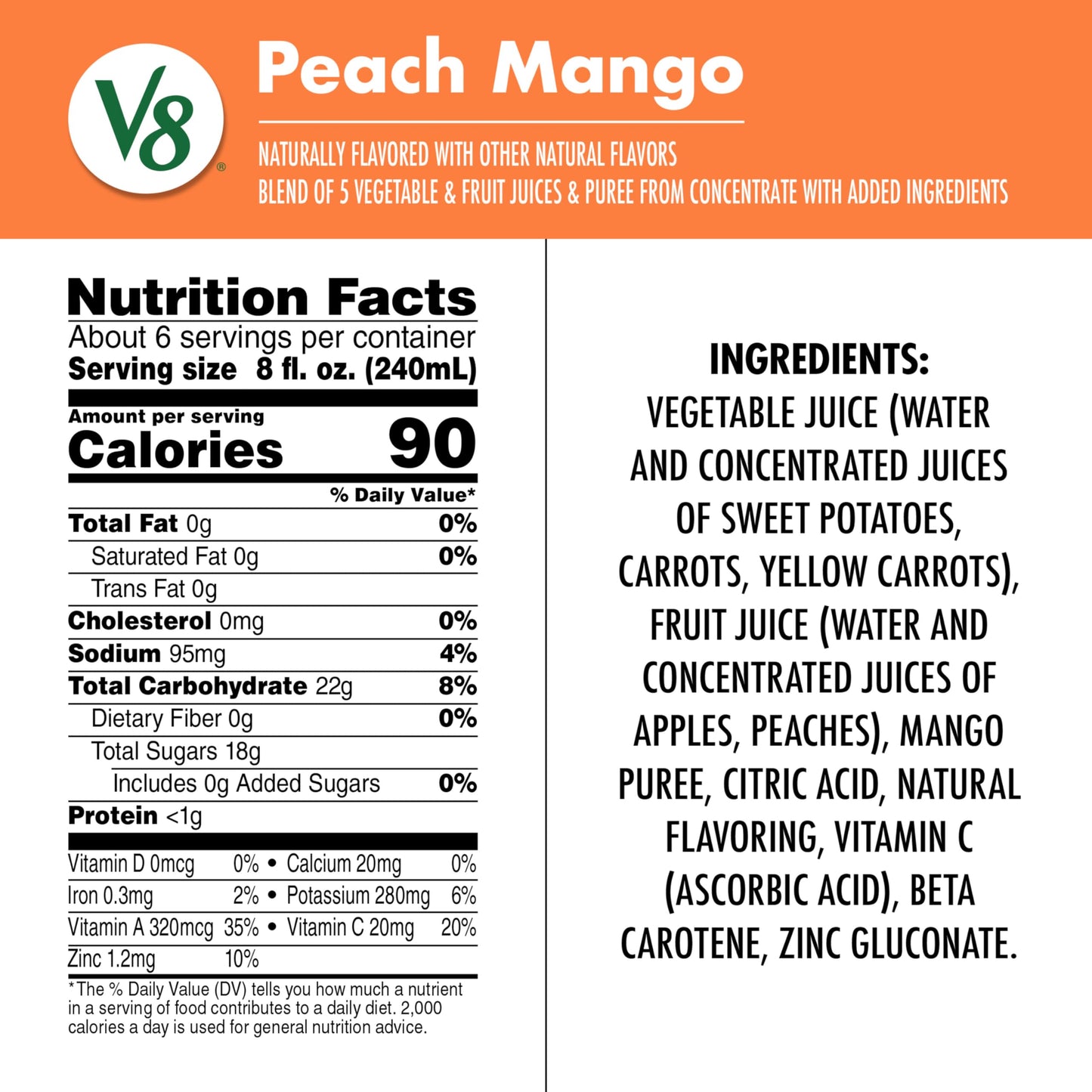 V8 Peach Mango 100% Fruit and Vegetable Juice, 46 fl oz Bottle (6 Pack)