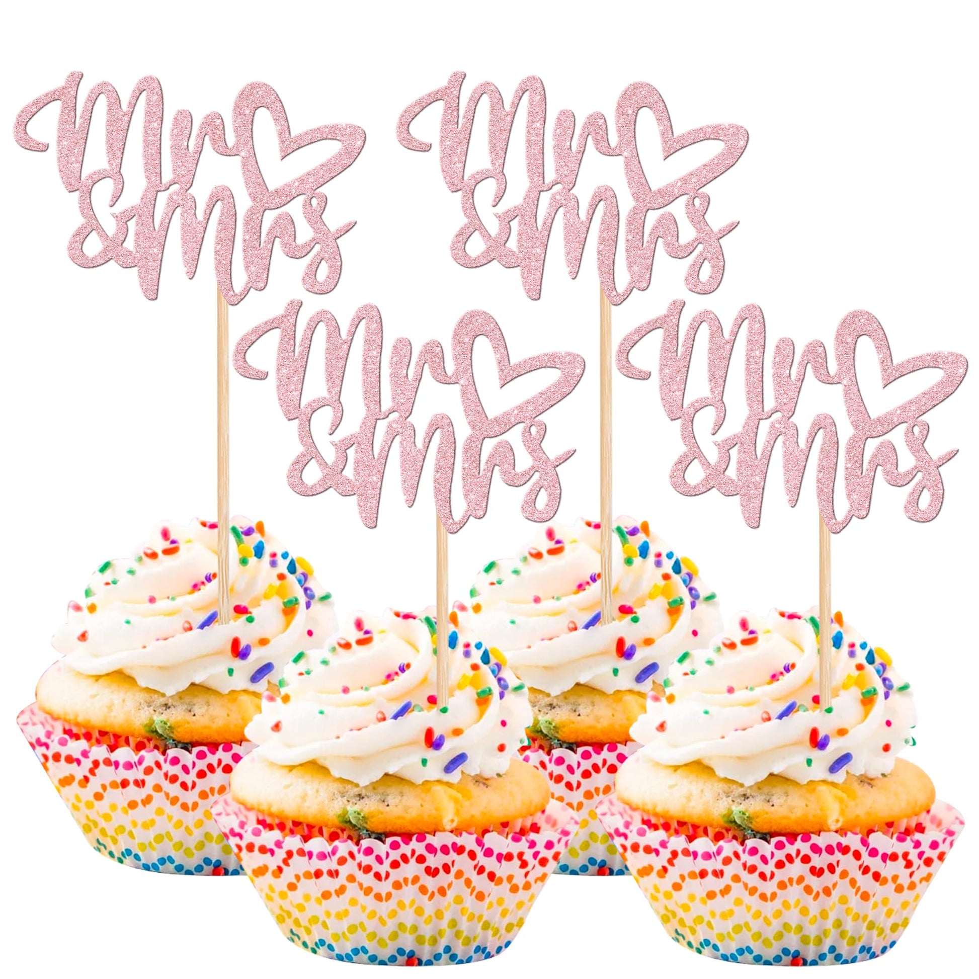 36 PCS Mr & Mrs Cupcake Toppers with Love Heart Glitter Cupcake Picks Wedding Engagement Cake Decorations for Wedding, Bridal Sh
