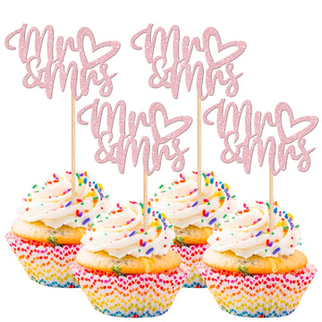 36 PCS Mr & Mrs Cupcake Toppers with Love Heart Glitter Cupcake Picks Wedding Engagement Cake Decorations for Wedding, Bridal Sh