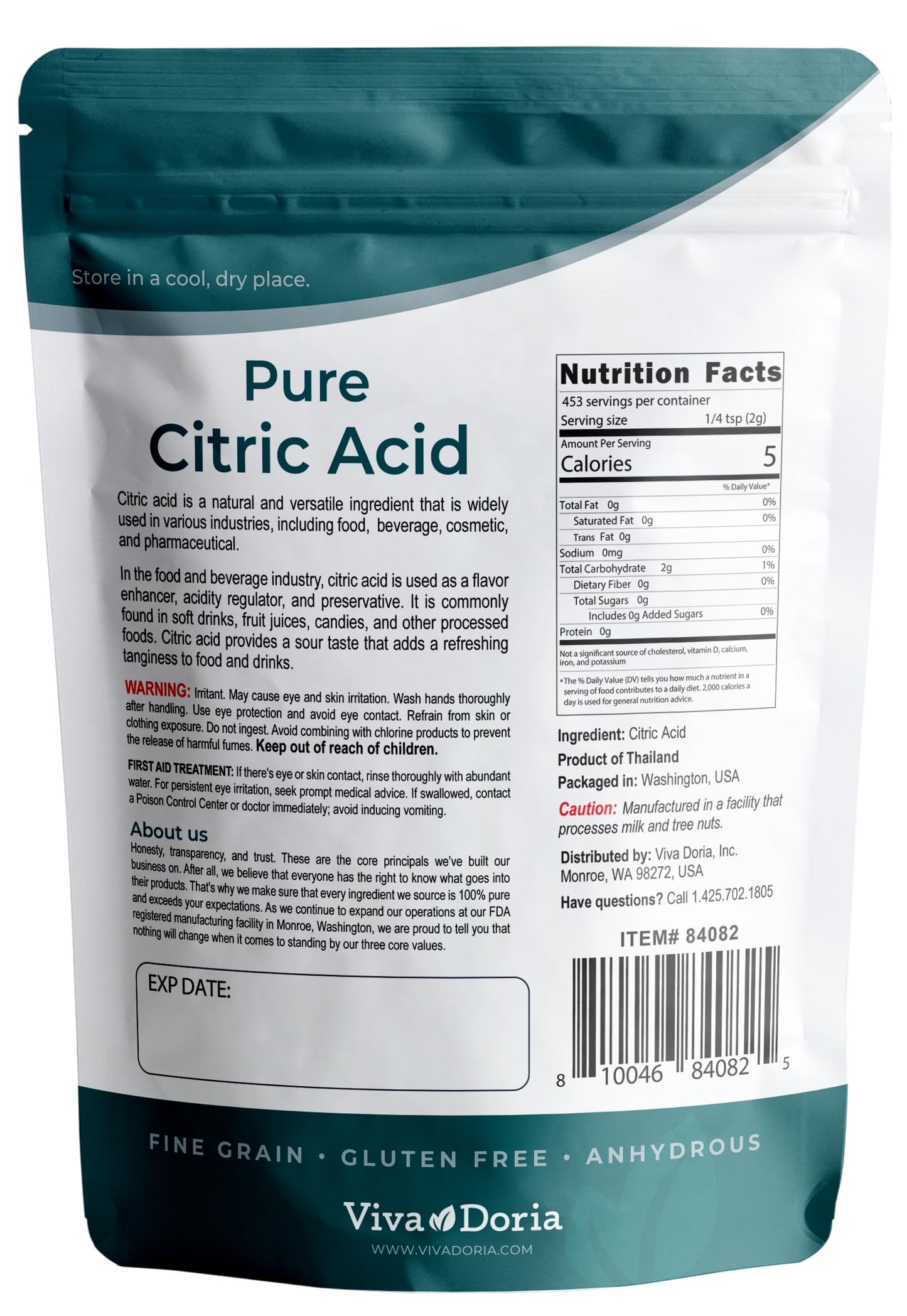 Viva Doria 100% Pure Citric Acid, Food Grade, Fine Grain, 2 Lb (907 G)