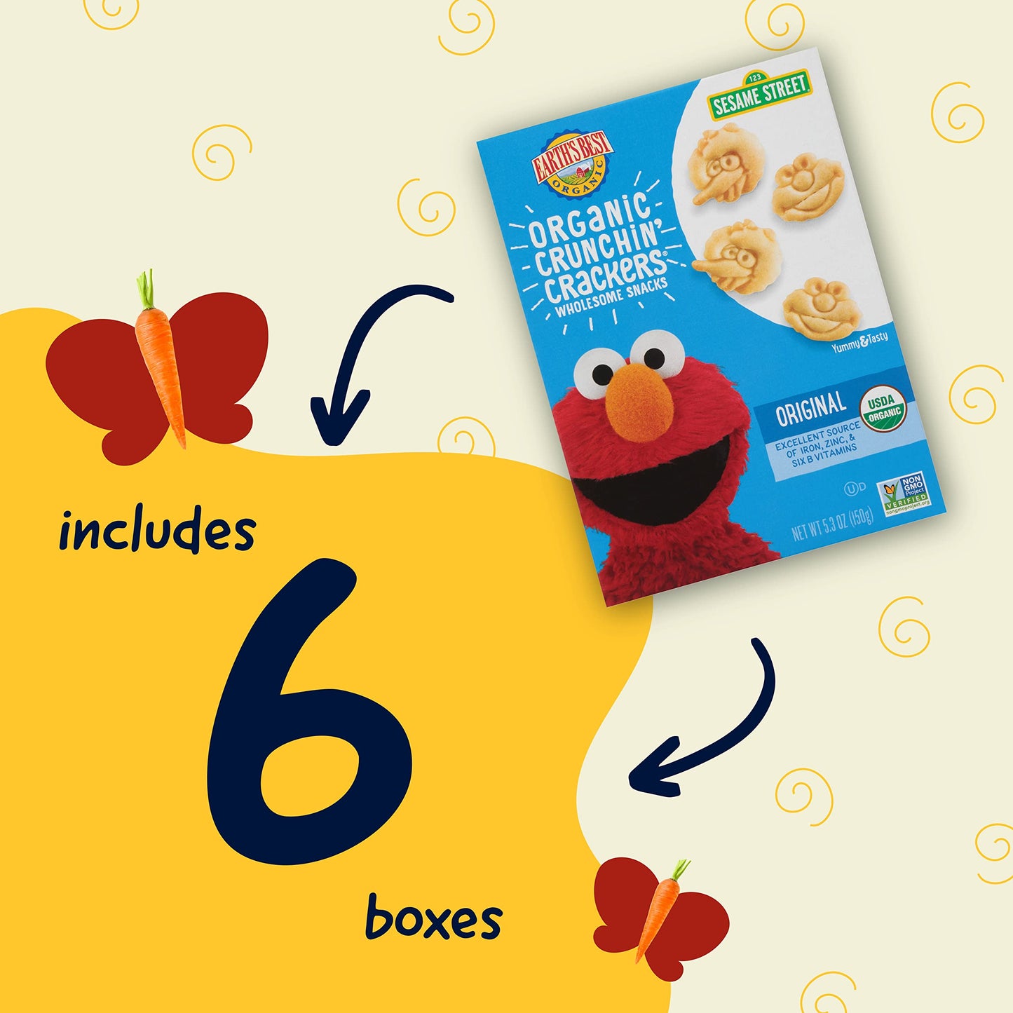 Earths Best Organic Kids Snacks, Sesame Street Toddler Snacks, Organic Crunchin  Ers, Wholesome Snacks For Toddlers 2 Years And Older, Original, 5.3 Oz Box (Pack Of 6)