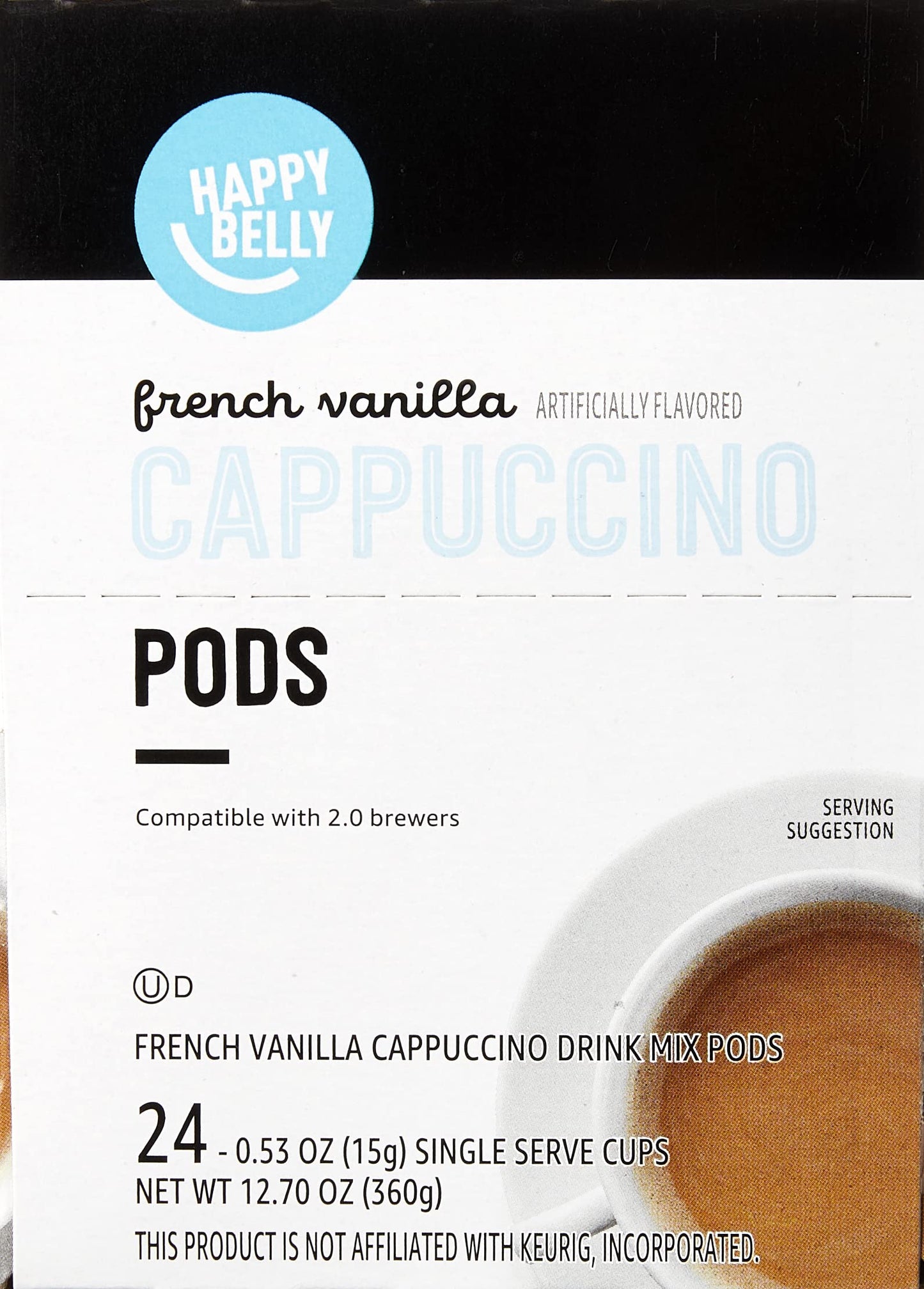 Happy Belly Cappuccino Coffee Pods, French Vanilla, Light Roast, 24 Count, 12.7 Ounce, Creamy Tan