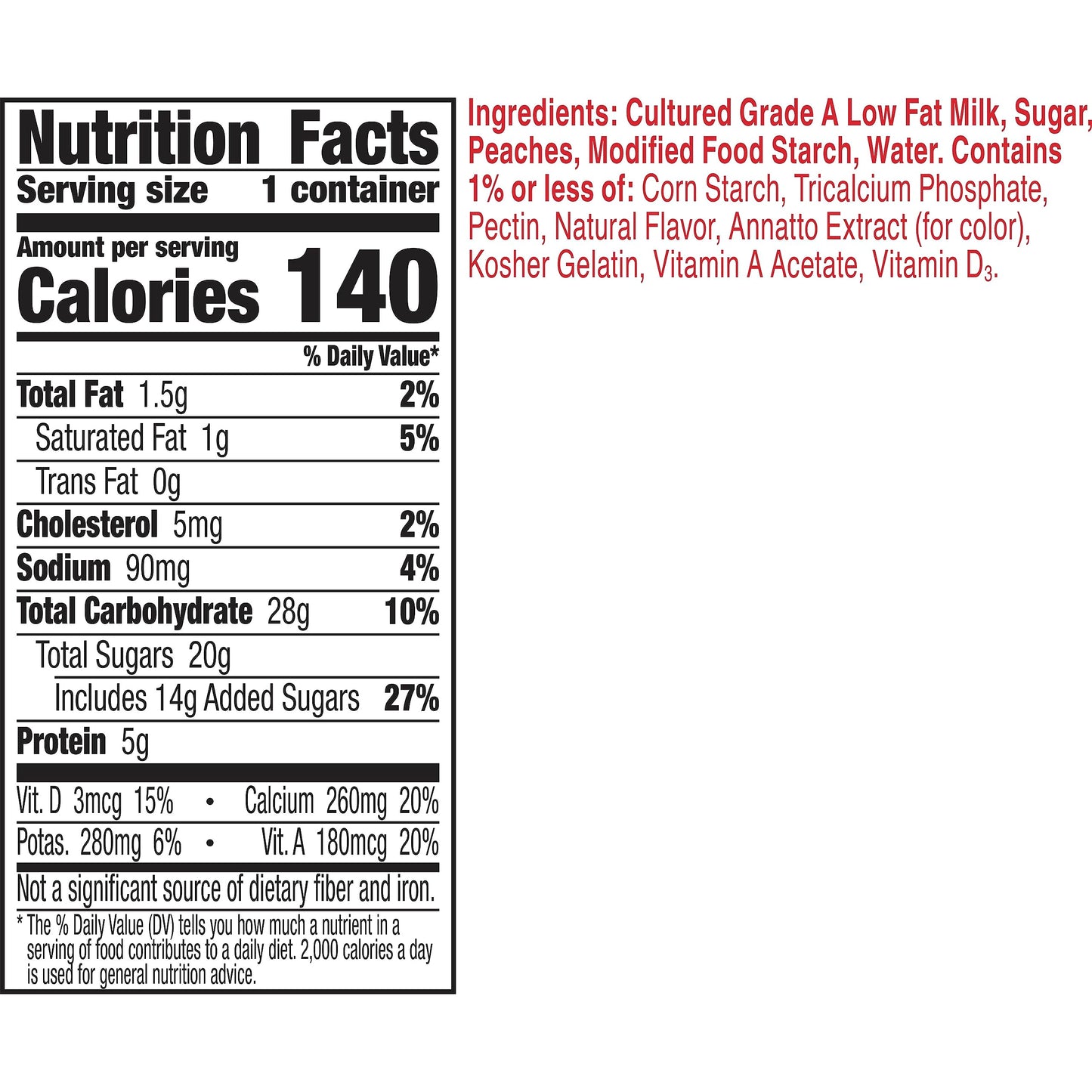 Yoplait Original Low Fat Harvest Peach Yogurt Cup, Made with Real Fruit, 6 oz