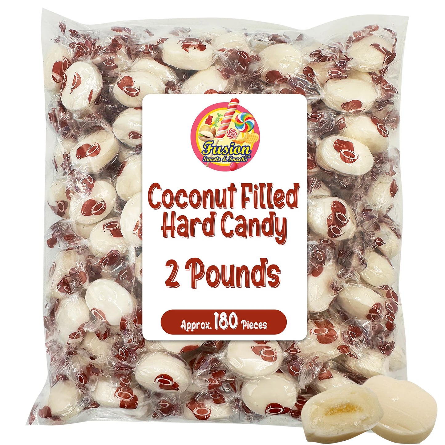 Fusion Sweets Coconut Hard Candy - Creamy Filled, 2 Pounds, Individually Wrapped, White, Bulk Bag, Old Fashioned Treats