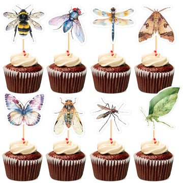 Ercadio 32 Pcs Insect Theme Cupcake Toppers Dragonflies Bees Flies Butterflies Moths Cupcake Pick Decorations for Insect Theme B