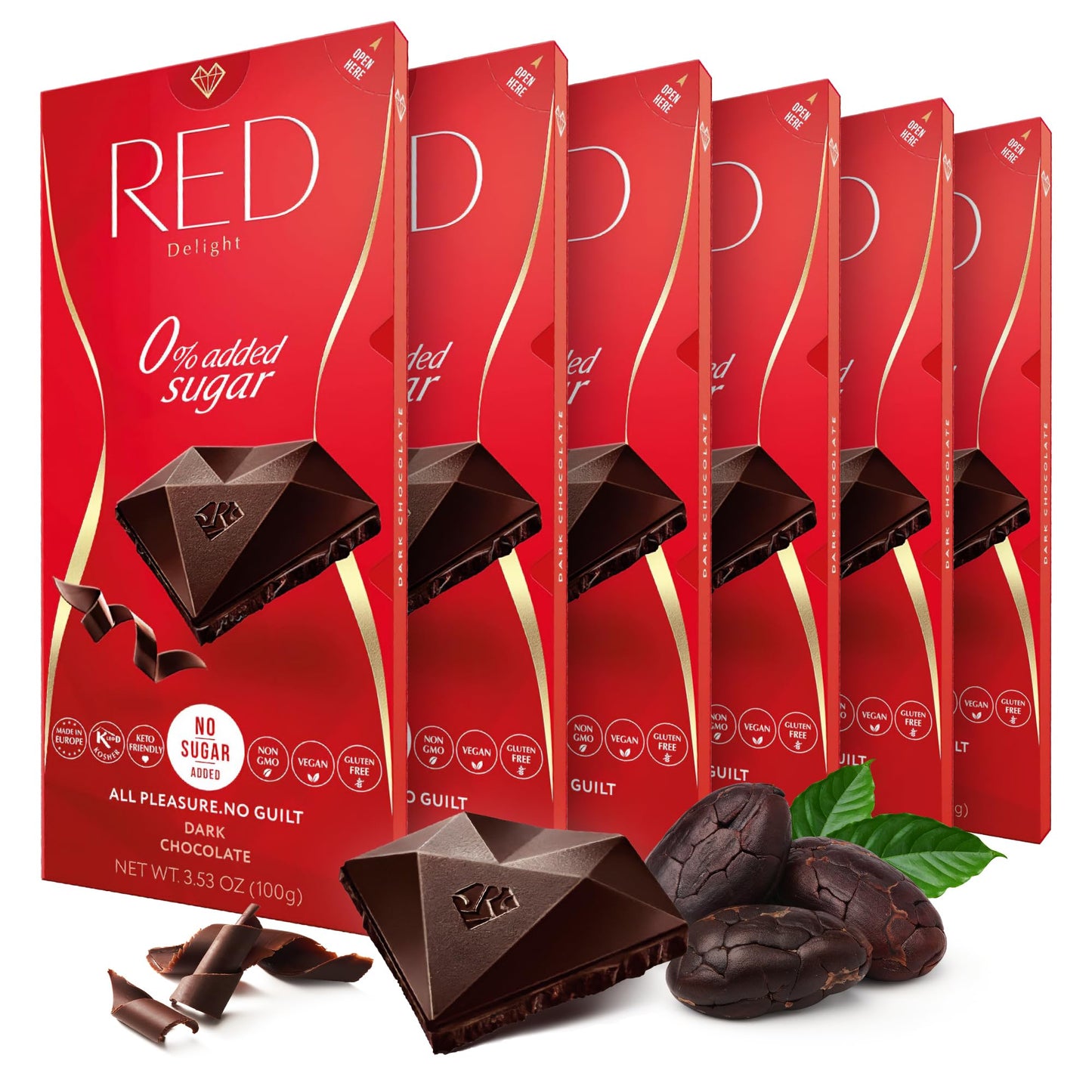 Red Delight Dark Chocolate Bars - 3.53 Oz  Pack Of 6 - Full-Size Keto-Friendly - Low Carb  Kosher  Gluten-Free  No Added Sugar - Smooth  Creamy Vegan Chocolate From Europe