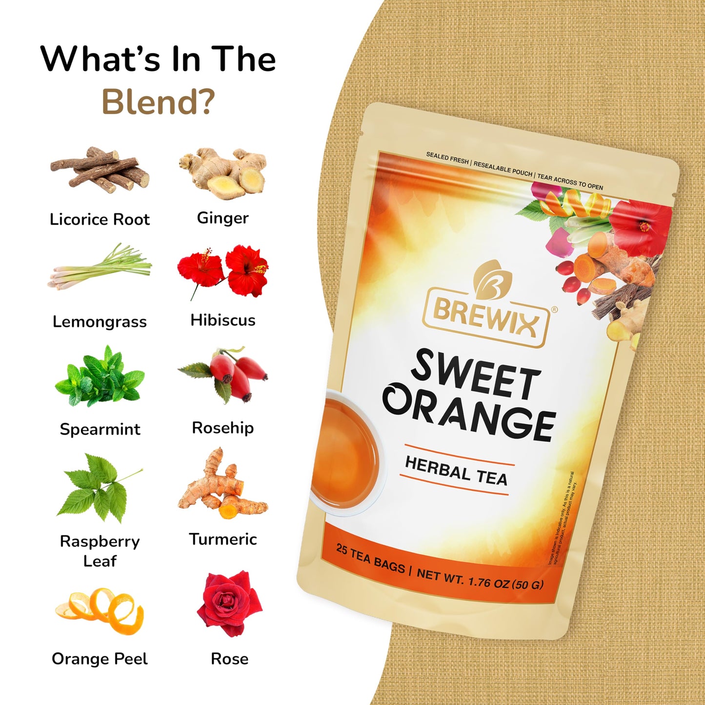 BREWIX Sweet Orange Hibiscus Tea Bags - Caffeine-Free Herbal Tea, 25 Pyramid Bags, Supports Calm & Balance