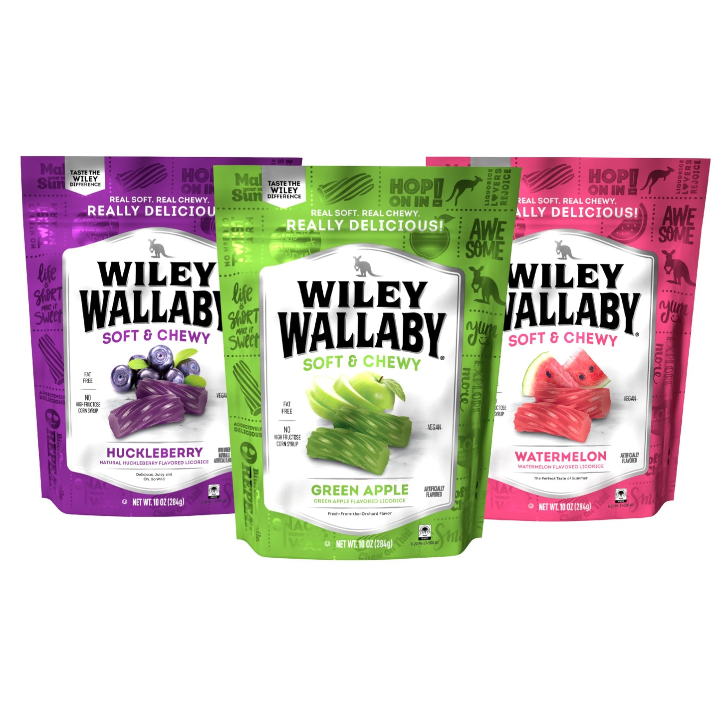 Wiley Wallaby Licorice 10 Ounce Variety Pack - Huckleberry, Apple & Watermelon Classic Gourmet Australian Style Soft & Chewy Lic