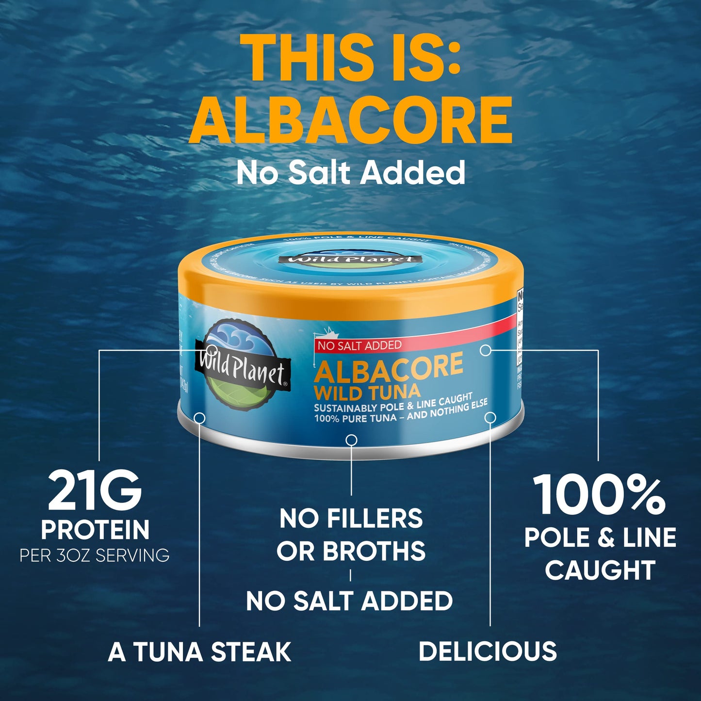 Wild Planet Albacore Wild Tuna, No Salt Added, Canned Tuna, Pole & Line Caught, 5 oz, Pack of 4, Packaging May Vary